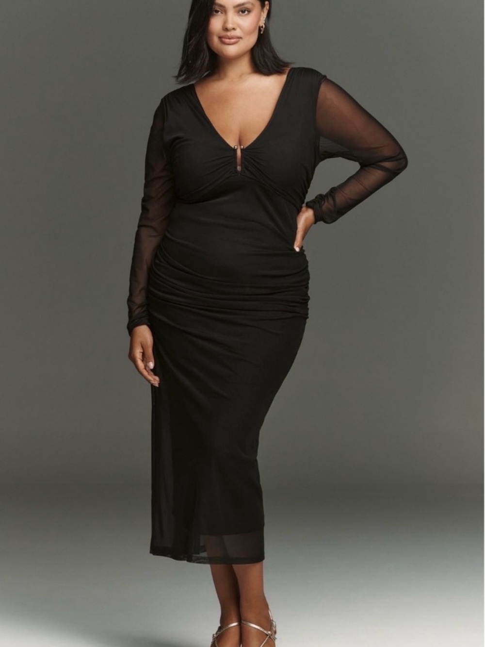 By Anthropologie Deep-V Hardware Sheer Long-Sleeve Black Midi Dress